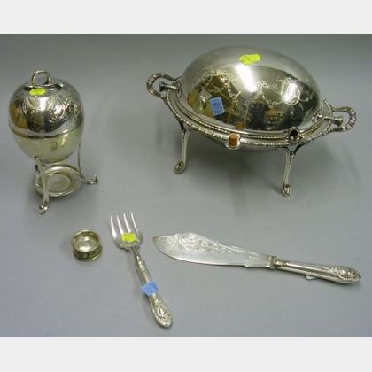 Silver Plated Egg Coddler, Fish Knife and Fork, Salt, and a Domed Serving Dish on Stand. 