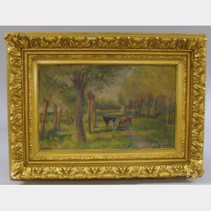 Framed Oil on Canvas Landscape with Cows Watering by Edward Reynolds Kingsbury (American, 1855-1940)