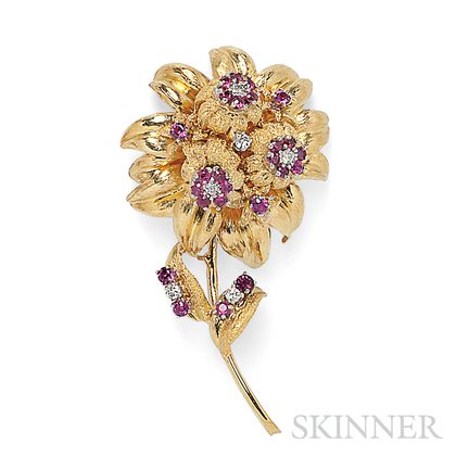 18kt Gold, Ruby, and Diamond Flower Brooch