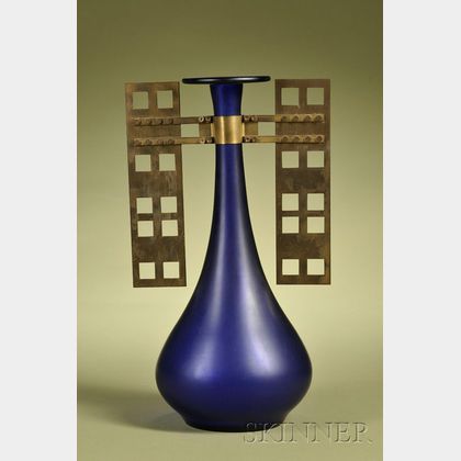 Austrian Vienna Secessionist Movement Brass Mounted and Cobalt Glass Bottle Vase