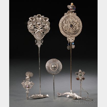 Five South American Silver and Silver-plate Topos or Cloak Pins