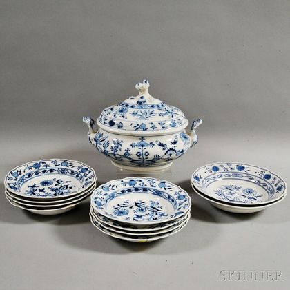 Eight Meissen "Blue Onion" Soup Bowls, a Meissen Covered Tureen, and Two German Porcelain Bowls