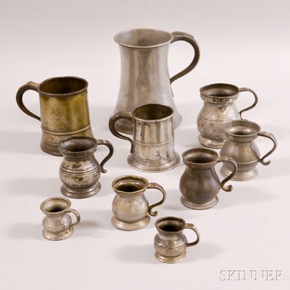 Assembled Set of Eight Graduated Pewter Measures and Two Mugs