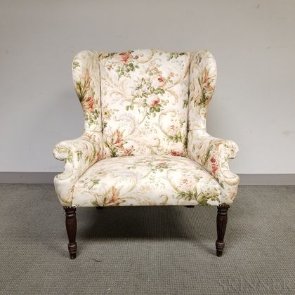 Federal Carved and Upholstered Mahogany Wing Chair