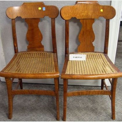 Set of Three Classical Birds-eye Maple Veneer and Tiger Maple Caned Side Chairs. 