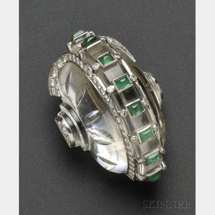 Carved Rock Crystal, Emerald, and Diamond Brooch, Cartier