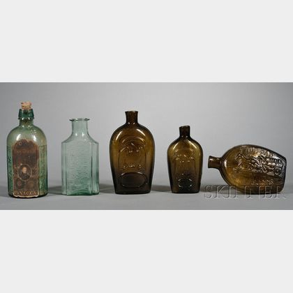 Three Glass Whiskey Flasks and Two Medicine Bottles