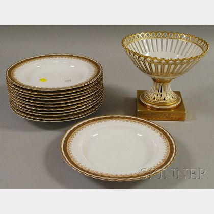 Set of Twelve Bodley Gilt Porcelain Soup Plates and a Paris Porcelain Gilt Footed Basket