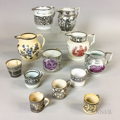 Twelve Silver Lustre Ceramic Jugs, Mugs, and Cups
