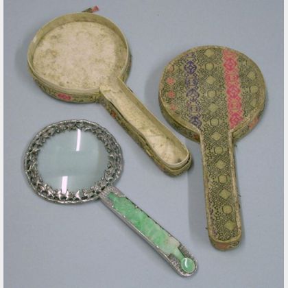 Cased Chinese Silver and Carved Jade Magnifying Glass. 