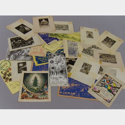 Twenty-six Artist Designed and Signed Greeting Cards, Etchings, and Notes