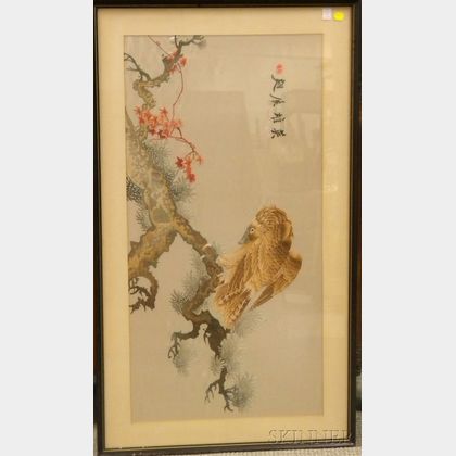 Framed Asian Embroidered Silk Panel Depicting a Bird of Prey on a Branch