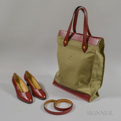 Hermes Canvas and Red Leather Tote, Red Leather Shoes, and Red Leather Belt