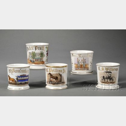 Five Victorian Enamel Decorated Shaving Mugs