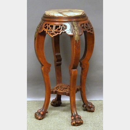 Asian Marble-top Brass-mounted Carved Hardwood Stand. 