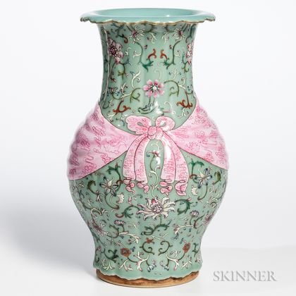 Famille Rose Enameled Turquoise Vase