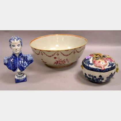 Chinese Export Porcelain Pomegranate-form Box, Decorated Bowl, and Tin Glazed Bust of Napoleon. 