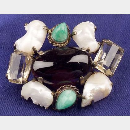 Gem-set and Freshwater Pearl Brooch