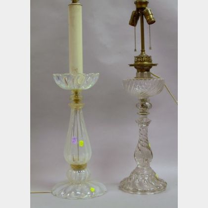 Baccarat-type Colorless Glass Table Lamp and a Venetian Opalescent and Gold Flake Glass Table Lamp. 