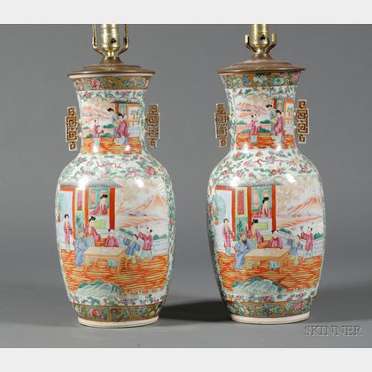 Pair of Large Rose Mandarin Porcelain Lamp Bases