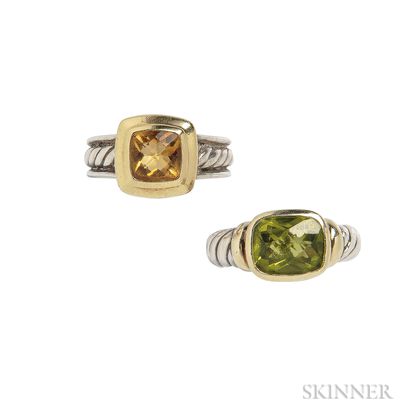Two Sterling Silver and Gold Gem-set Rings, David Yurman
