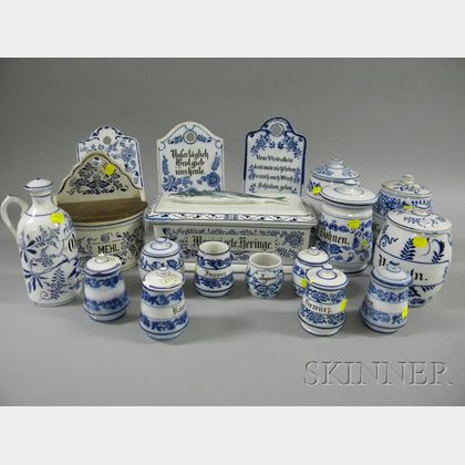 Eighteen German Blue and White Meissen-style Decorated Ceramic Kitchen Items