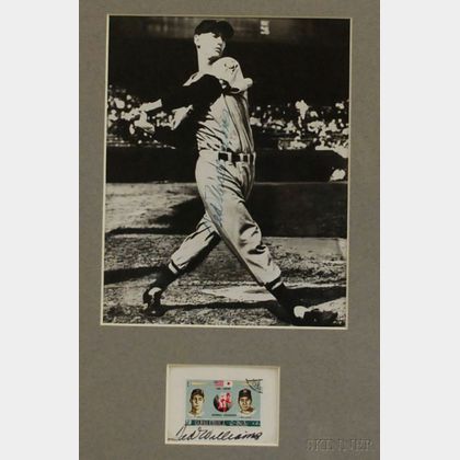 Framed Ted Williams Autographed Photo and Autographed UAE Commemorative U.S./Japan Baseball Stamp