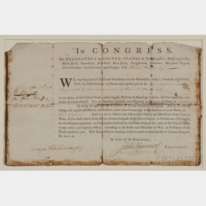 Hancock, John. (1737-1793) Military Commission Signed, 15 April 1776.