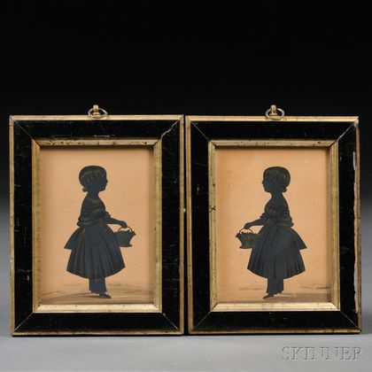 Pair of Silhouettes of a Little Girl Holding a Basket of Flowers