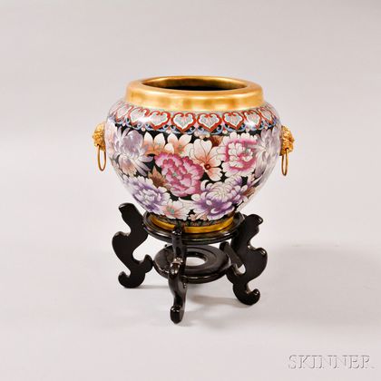 Peony-decorated Cloisonne Vase and Carved Wood Stand