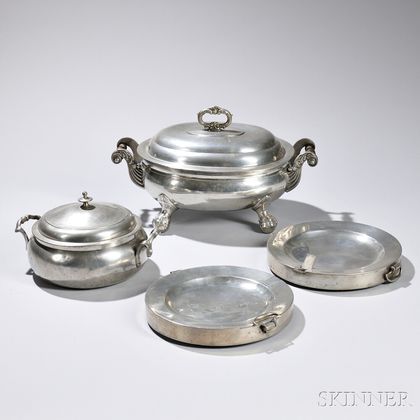 Two Georgian Pewter Covered Tureens and Two Warming Basins