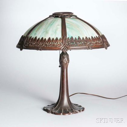 Arts and Crafts Cast Metal and Slag Glass Table Lamp