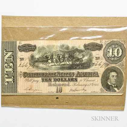 1864 $10 Confederate States of America Note, CS-68. Estimate $20-30