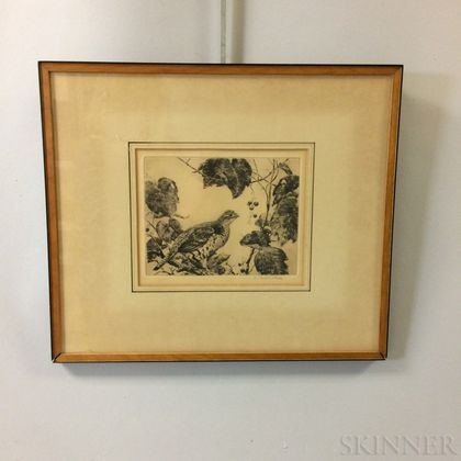 Framed Aiden Ripley Etching of a Grouse and Vines