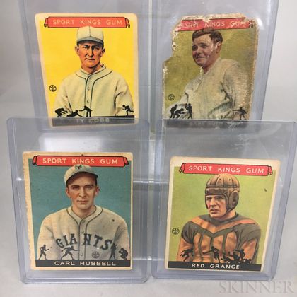Two 1933 and a 1934 Indian Sport Kings Gum Babe Ruth, Carl Hubbell, and Red Grange Baseball and Football Cards