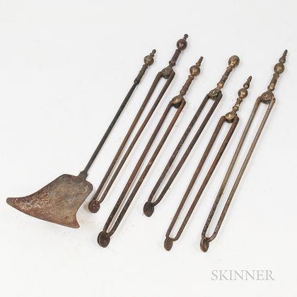 Nine Brass and Iron Fireplace Tools