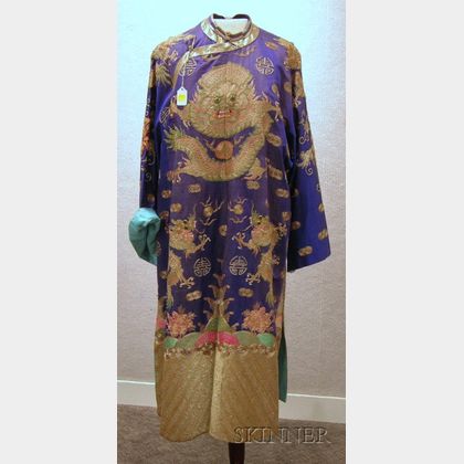 Blue Silk and Metallic Thread Embroidered Chinese Dragon Robe. 