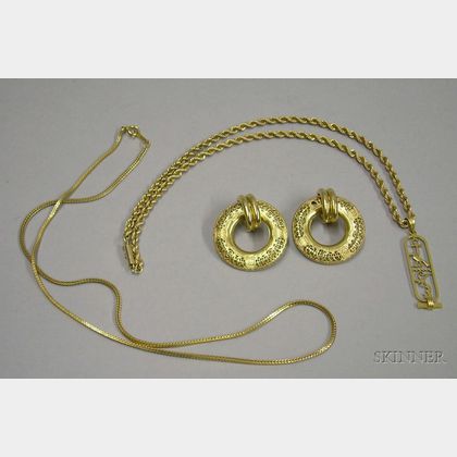Pair of 14kt Gold Earrings and Two 14kt Gold Chains