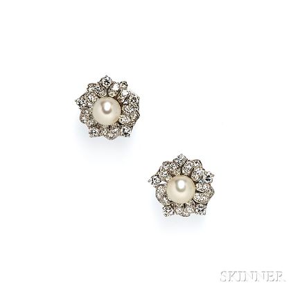 Platinum, Cultured Pearl, and Diamond Earclips