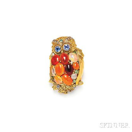 18kt Gold Gem-set Owl Brooch