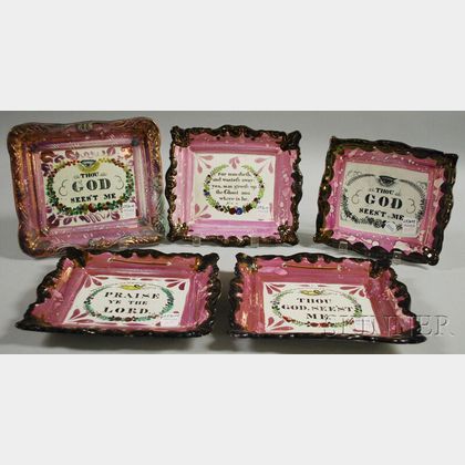 Five Sunderland Pink Lustre Transfer-decorated Pottery Plaques with Religious Themes