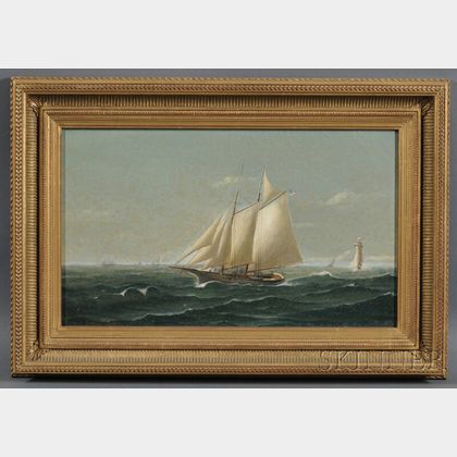 American School, 19th Century American Schooner in Coastal Waters with Lighthouse and Distant Vessels.