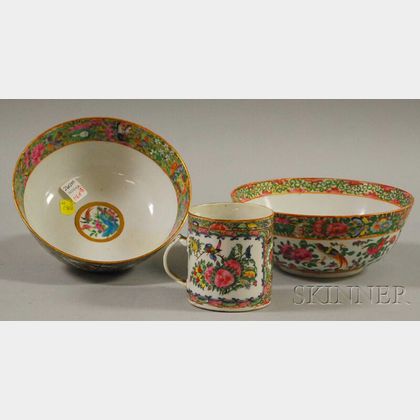 Chinese Export Rose Medallion Porcelain Mug and Two Bowls