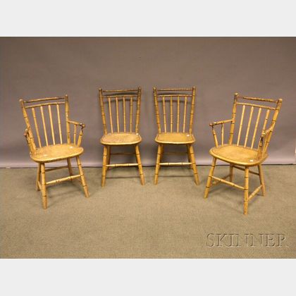 Set of Eight Mustard-painted Windsor Birdcage Bamboo-turned Wood Dining Chairs