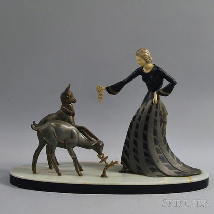 Art Deco Metal and Ivory Sculpture of a Woman Feeding Two Goats