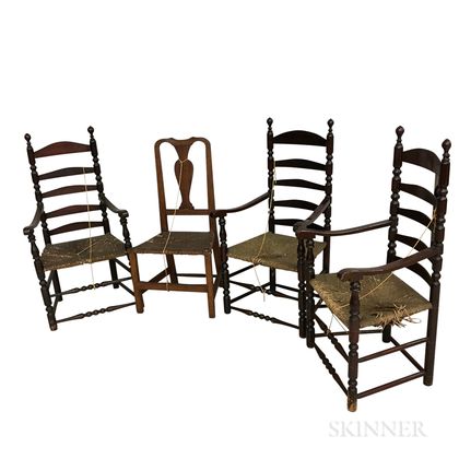 Three Painted Ladder-back Armchairs and a Queen Anne Maple Side Chair. Estimate $20-200