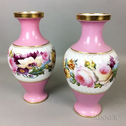 Pair of Limoges Floral Hand-painted Porcelain Vases