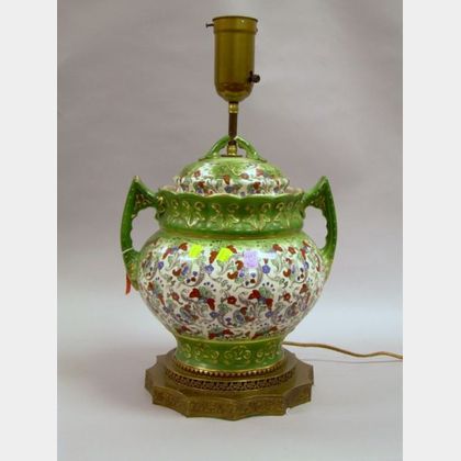 Victorian Transfer Decorated Ceramic Covered Punchbowl Table Lamp. 