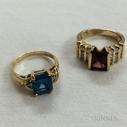 14kt Gold, Garnet, and Diamond Ring and a 14kt Gold Blue Topaz, and Diamond Ring