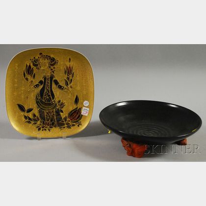 Bjorn Wiinblad/Rosenthal Studio-linie Gilt Porcelain Footed Center Plate and a Staatliche-Majolika Glazed Pottery Footed Center Bowl...